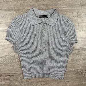 Brandy Melville Gray Ribbed Collared Knit Top